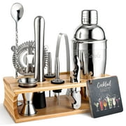 Eocolz 11-Piece Cocktail Shaker Set Bartender Kit with Stand | Bar Tool Set Home Drink Mixer Set with Martini Shaker, Jigger, Strainer, Mixer Spoon, Tongs, Pourer, Muddler, Bottle Opener | Cool Gifts