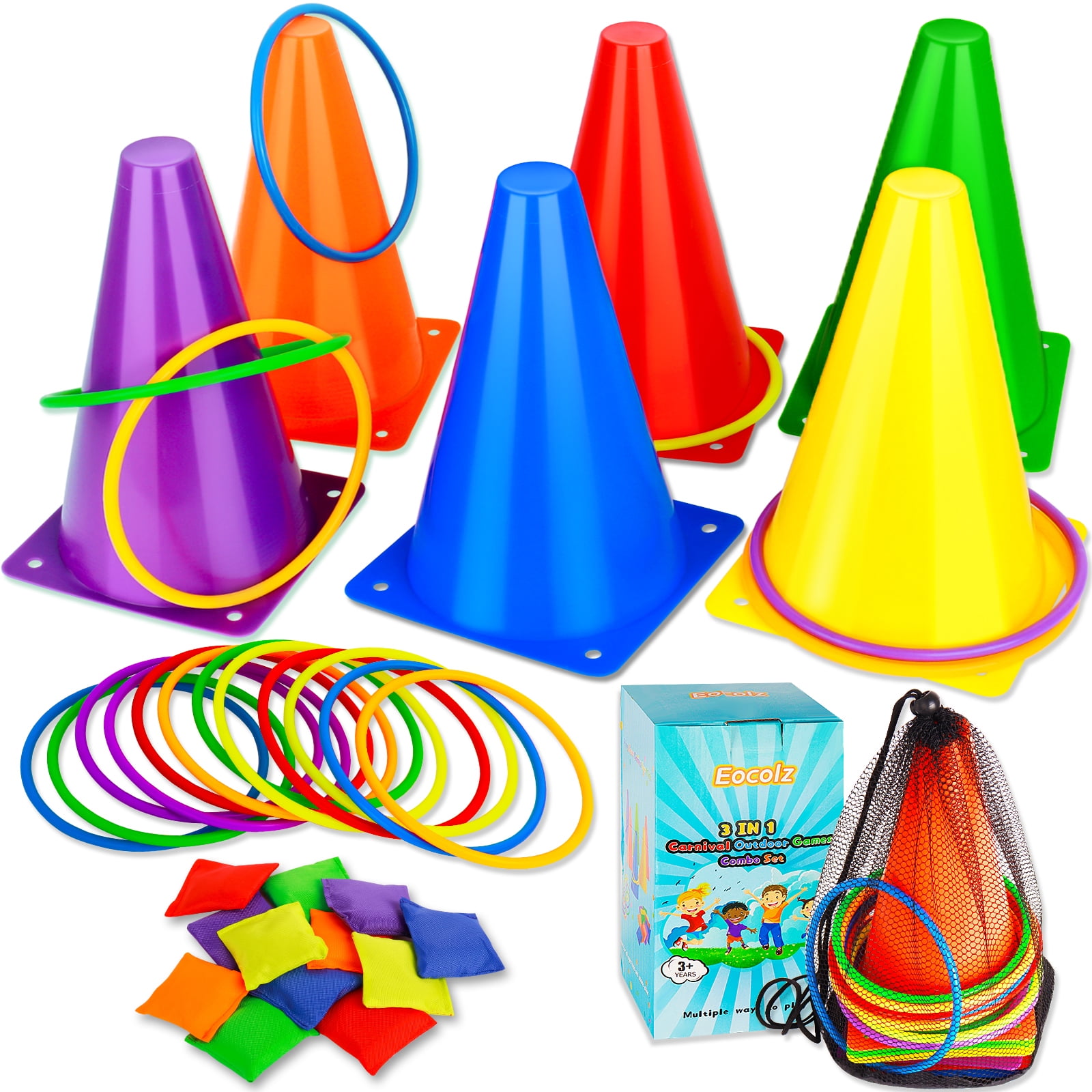 Eocolz 3 in 1 Carnival Games Set, Soft Cones Bean Bags Ring Toss Games for Kids Birthday Party Outdoor Games Supplies Combo Set 32 PCS