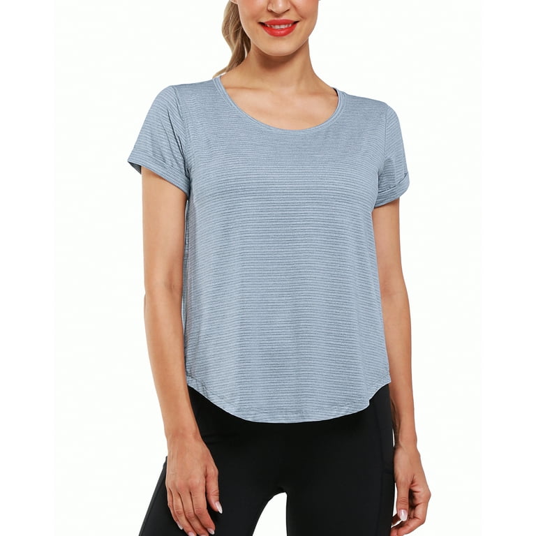 Eodora Workout Shirt for Women Flowy Short Sleeve Athletic Tops Yoga Shirts  Light Blue XL 