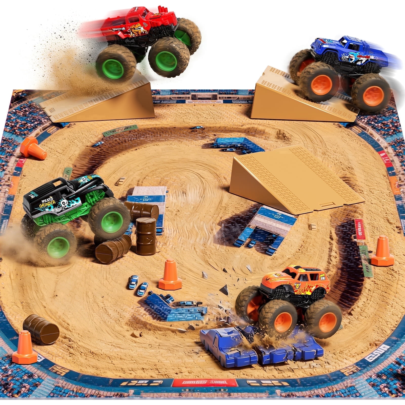 Eohemeral 28-Piece Monster Truck Playset, 4 Trucks with 8 Interchangeable Bodies, 31.5-inch Arena Play Mat, Ramps and Obstacles, Ages 4-7