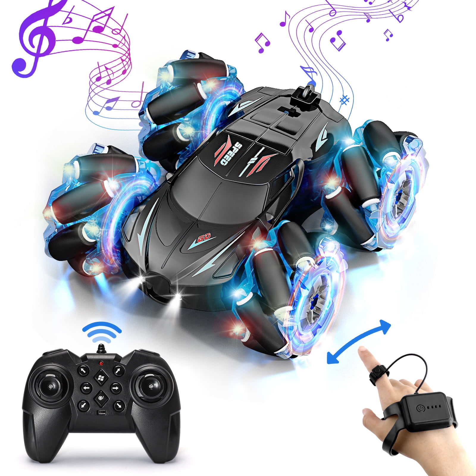 Eohemeral RC Stunt Car, 2.4GHz 4WD Gesture Sensing Remote Control Car with Cool Light and Music