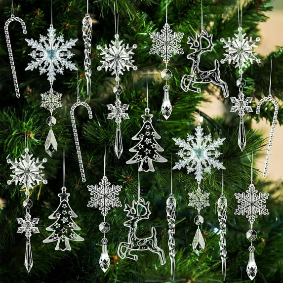 Eolstice 18pcs Christmas Snowflake Decoration Set with Acrylic Crystal Design, Hanging Icicle and Water Drop Pendants, for Tree, Room, and Holiday Displays