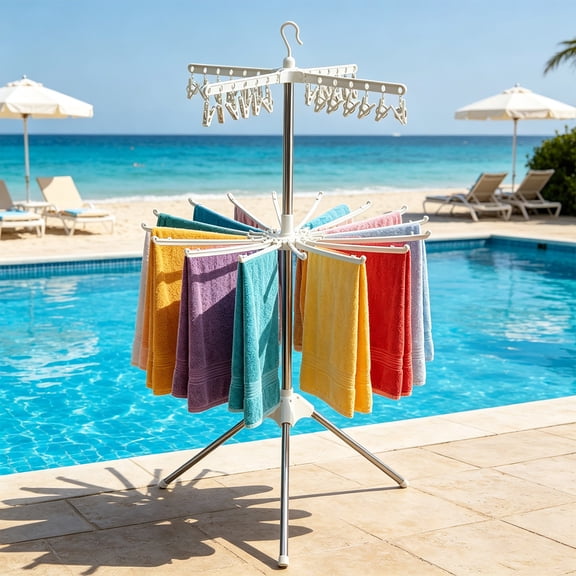 Eolstice 2-Tier Rotating Towel Rack, Poolside Quick Dry Stand, Rustproof Outdoor Laundry Airer for Beach, Backyard, Bathroom, Heavy Duty Two-Layer Airer for Home