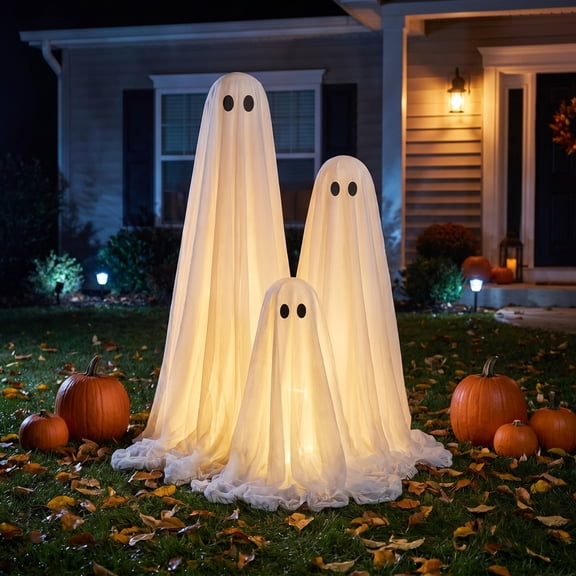 Eolstice 3 Pack Light Up Standing Ghost Decor, Halloween Fabric Ghost Yard Decoration with Witch Hat, for Spooky Front Door Outdoor Display