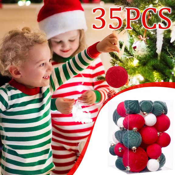 Eolstice 35 Pack Flocked Christmas Ball Ornaments, Boutique Style Tree Decor Set, Mixed Size Decorative Accents For Hol-iday Home