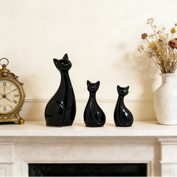Eolstice 3Pcs Ceramic Pet Family Statue, Figurine Parents and Baby Sculpture, Art Porcelain Decorations, for Office, Living Room, Book Shelf, Heartwarming Gift(Black)