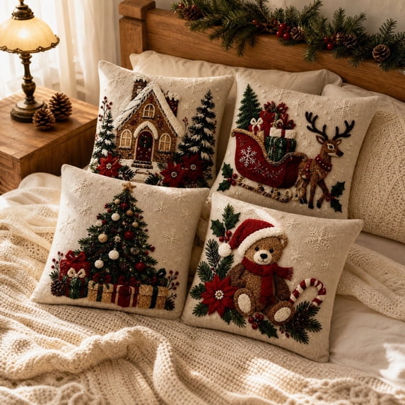 Eolstice 4 Pack Christmas Throw Pillow Covers, 18" Soft Plush Christmas Decorative Pillow Covers, Pillow Cases with Hidden Zipper for Sofa, Couch