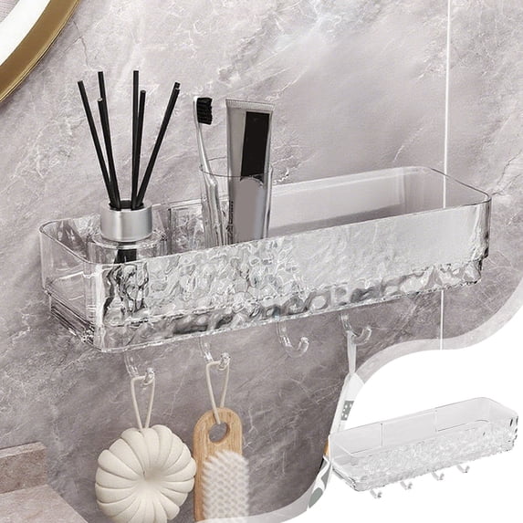 Eolstice Adhesive Shower Caddy Storage Shelf, Wave Pattern Bathroom Organizer With Hooks, No Drill Clear Shelf For Kitchen Bathroom Hotel