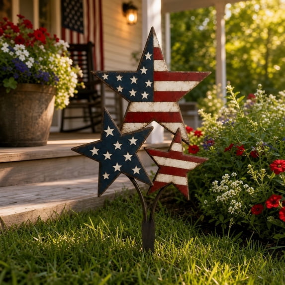 Eolstice American Flag Stars Garden Stake, Independence Day Porch Decor Statue, Red White Blue Yard Art for 4th of July, Summer Outdoor Garden Decoration