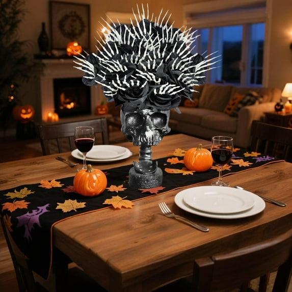 Eolstice Artificial Black Rose Floral Arrangement, Silk Skull Hand Holding Bloom Display, Gothic Home Decor for Halloween Wedding Party Centerpiece Decorations