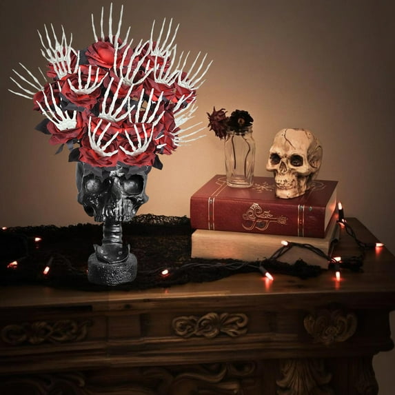 Eolstice Artificial Black Rose Floral Arrangement, Silk Skull Hand Holding Bloom Display, Gothic Home Decor for Halloween Wedding Party Centerpiece Decorations