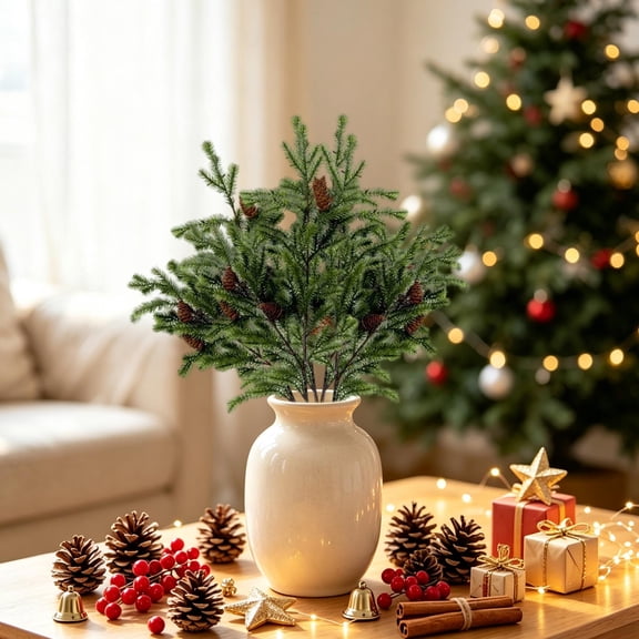 Eolstice Artificial Christmas Pine Branches with Cones, Single , Holiday Floral Gift Decoration, Winter DIY Home Centerpiece Cuttings