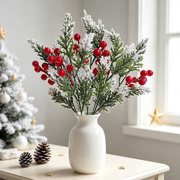 Eolstice Artificial Christmas Spray, Red Berries Snow Dusted Tips, Festive Floral Decor, Window Display Christmas Ornament, Holiday Accent