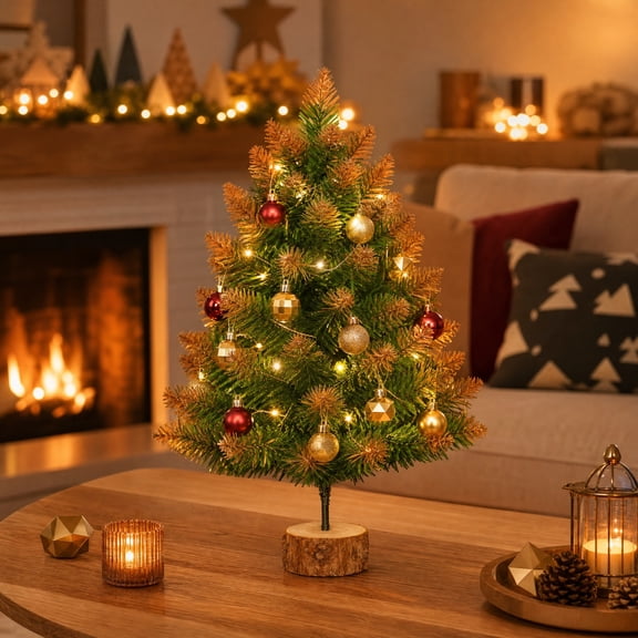 Eolstice Artificial Christmas Tree, Green Orange Tabletop Tree with Wood Base, Thanksgiving Halloween Home Mantel Tiered Tray Decor