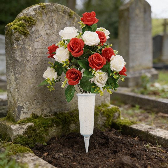 Eolstice Artificial Pomegranate Rose Bouquet In Bucket, Exquisite Graveyard Flowers, Holiday Memorial Floral Arrangement, for Cemetery, Home Decor, Sympathy Gift