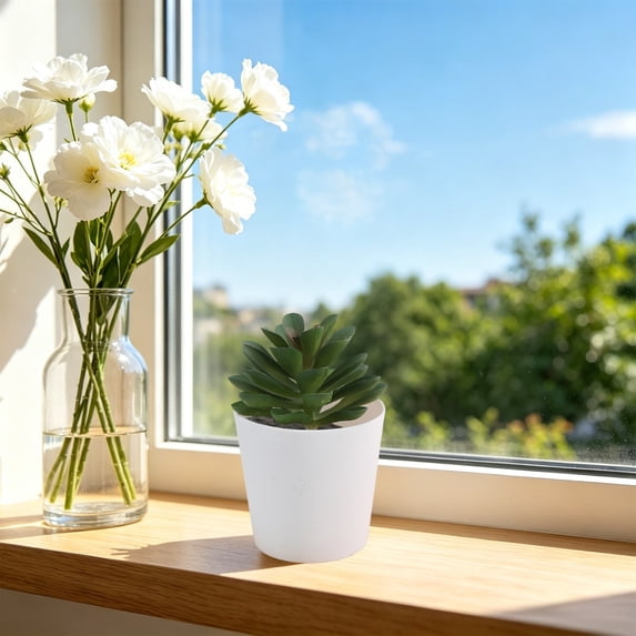 Eolstice Artificial Potted Plants, Fake Plastic Flowers with White Pots, Small Arrangement, Home Table Kitchen Bar Decor, Office Indoor Decoration