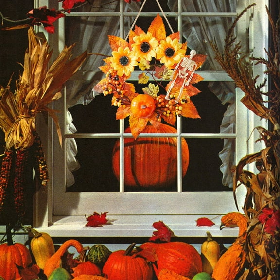 Eolstice Artificial Pumpkin Vine Garland Autumn Harvest Wreath Wall Hanging Seasonal Front Door Decor Indoor Outdoor Thanksgiving Fall Festival Celebration