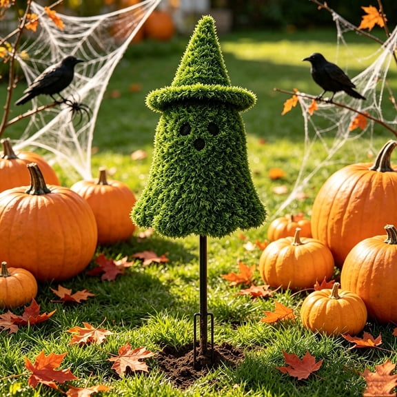 Eolstice Artificial Witch Hat Ghost Topiary Tree, Halloween Outside Ground Decoration, for Halloween Lawn Garden Front Yard, Outdoor Halloween Display