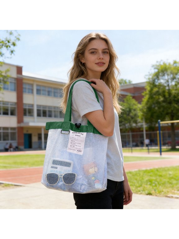 Back-to-School Large Transparent Waterproof Tote, Clear Mesh Storage Bag for Easily Dorm and Locker Organization, School Supplies, Gym Clothes(Green)