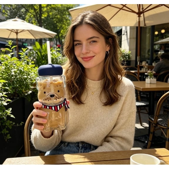 Eolstice Bear Glass Cup, 500ml Bear Shaped Tumbler with Lid Straw, Reusable, For Iced Coffee Milk Tea Cocktails, Dishwasher Safe