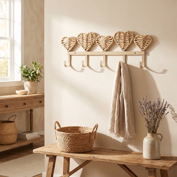 Eolstice Boho Heart Shaped Wall Hook, Hand Woven Rattan Coat Hanger, Iron Hanging Rack Decor, Home Wall Mount Organizer, Bohemian Entryway Decor