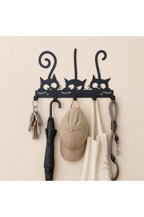 Cat Wall Hooks, Metal, 5 Hooks Key Stand with Cute Cats Tail Design, Entryway Organizer for Home Decor, Fun Animation Style, Wall Mount Rack