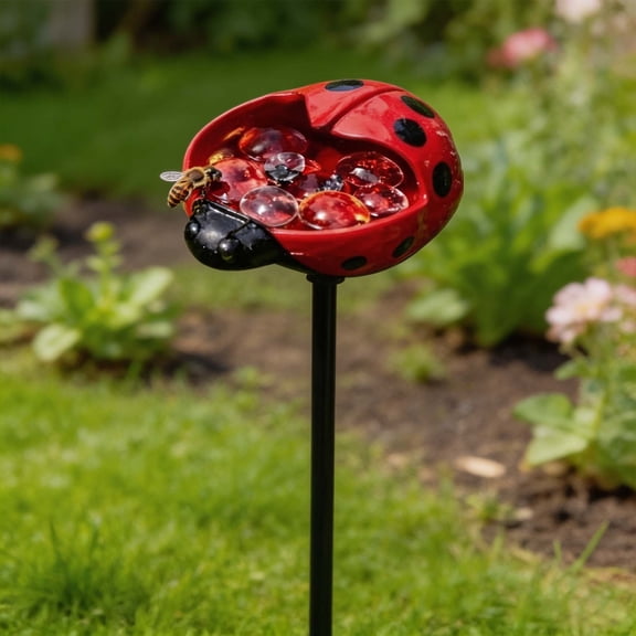Eolstice Ceramic Bird Bath, Outdoor Pollinator Water Feeder with Stake, Shallow Bowl for Bees and Butterflies, Garden Decorative Stake for Yard and Patio