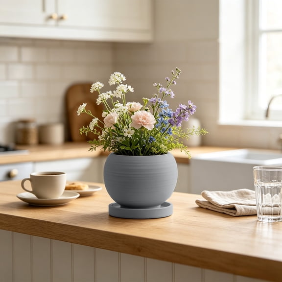 Eolstice Ceramic Vase with Tray, Spherical Striped Design, Scandinavian Matte Planter, Desktop Flower Pot, for Dry Fresh Foliage Home Decor