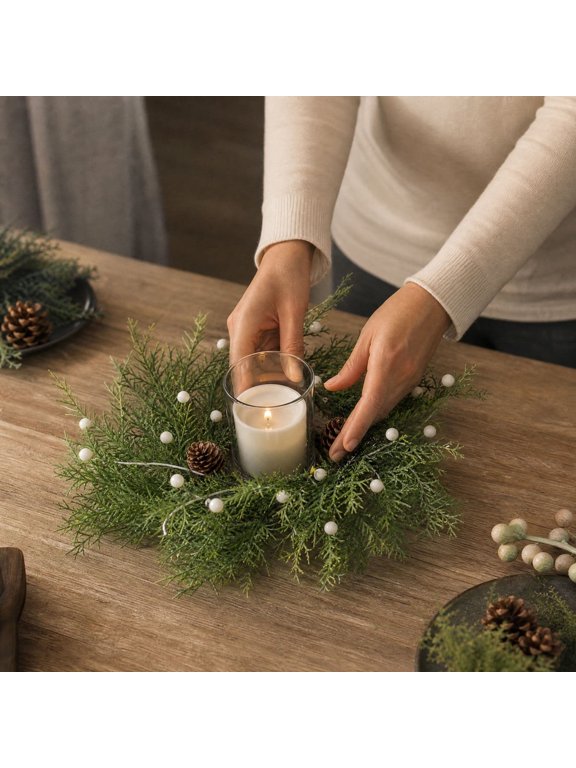 Christmas Candle Ring Wreath, Artificial Faux Water Grass Pinecone Centerpiece, Holiday Table Decoration For Candles, Winter Home Decor