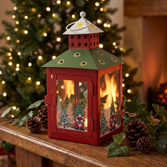 Eolstice Christmas Gnome Metal Candle Holder, Printed Glass Window Vintage Hanging Lantern, Holiday Tabletop Christmas Festive Home Decor Accent