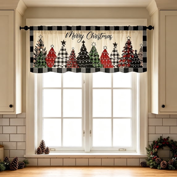 Eolstice Christmas Kitchen Curtains, Christmas Tree Windows Valances Rod Pocket Curtain, Kitchen Dining Room Curtains, Holiday Decor