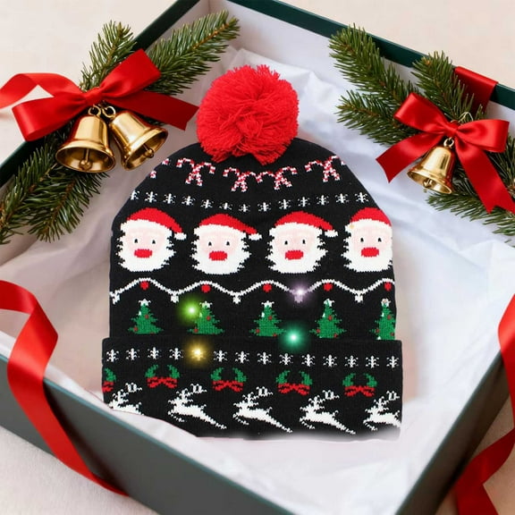 Eolstice Christmas LED Santa Claus Hat, Fashion Knitted Woolen Hat with Hairball Design, for Holiday Parties Seasonal Decorations and Cold Weather Ear Protection