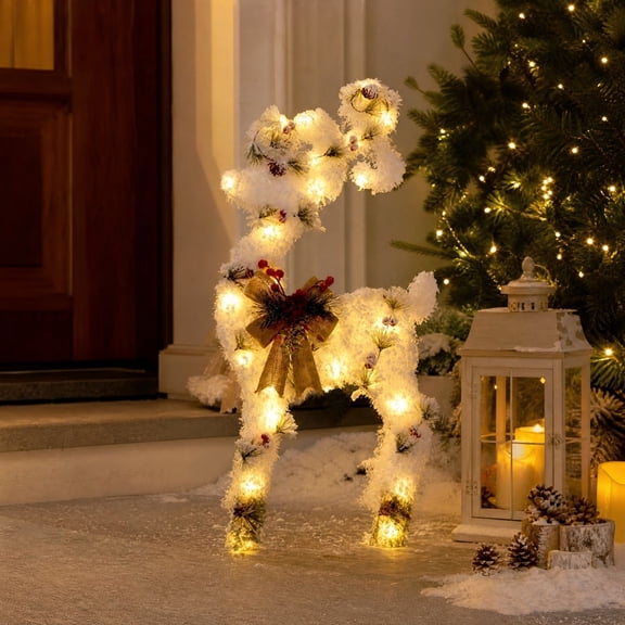 Eolstice Christmas Lighted Reindeer Statue, 29.5 Inch Snow Flocked Standing Deer with Bow Pine Cones Red Berry, Indoor Outdoor Holiday Decor