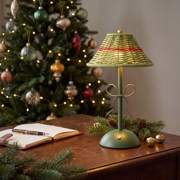 Eolstice Christmas Rechargeable Table Lamp, Vintage Woven Shade, Warm LED Desk Light with Bow, Bedroom Nightstand Holiday Decor, Portable