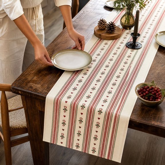 Eolstice Christmas Table Runner, Candy Cane Design Festive Holiday Linens, Dining Table Decor For Kitchen Dining Room Christmas Party Home Decor