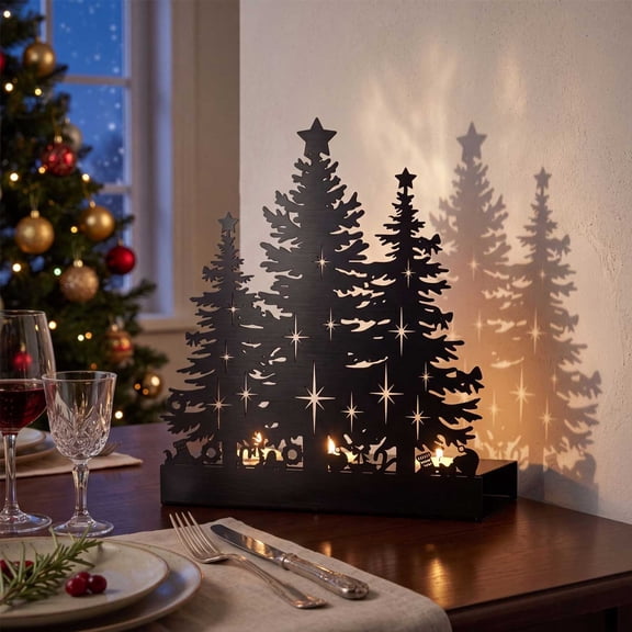Eolstice Christmas Tree Candle Holder, Iron Tea Light Candle Stand, Rustic Pine Tree Farmhouse Centerpiece, Holiday Table Decorative Home Decor
