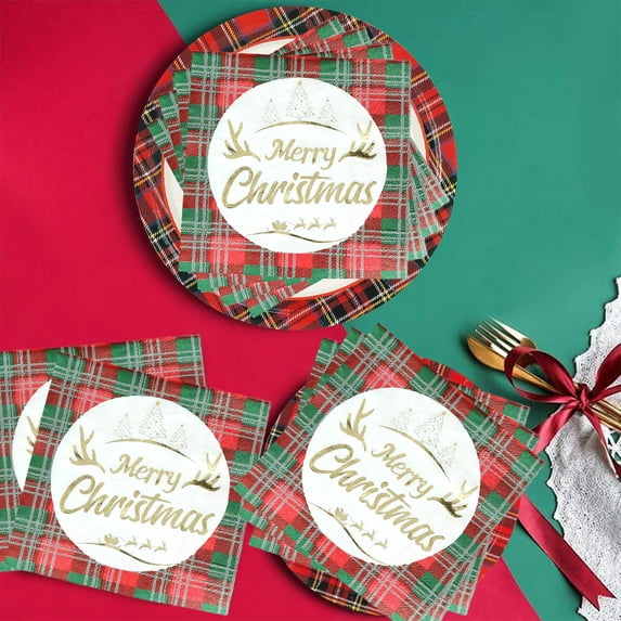 Eolstice Christmas Tree Red Plaid Paper Napkins, Disposable Party Supplies For Decoration, 20 Count Holiday Tableware Festive Gathering Dining Accessories