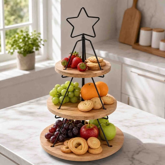 Eolstice Christmas Tree-Shaped 3-Tier Cake Stand, Black Metal Tree Frame Round Wooden Tray, Christmas Dessert Display, Party Holiday Table Centerpiece
