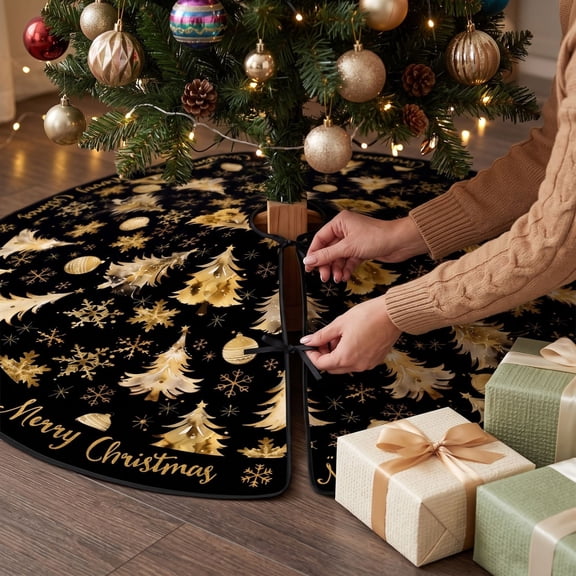 Eolstice Christmas Tree Skirt, 90cm Short Plush Print, Golden Christmas Tree Base Cover, Holiday Decoration for Under Tree and Fireplace Mat