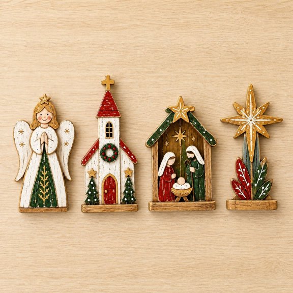 Eolstice Christmas Wooden Tabletop Figurine Set, Rustic Freestanding Holiday Decor for Mantel Shelf Countertop Indoor Home Party