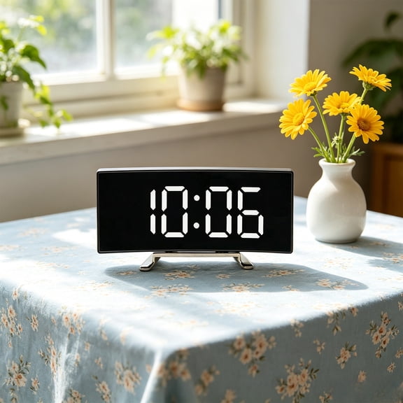 Eolstice Curved Screen Alarm Clock, Voice Controlled, Motion Sensing, Multifunctional Mirror LED Display, Large Digital Screen, No Battery, Bedside Desk Clock