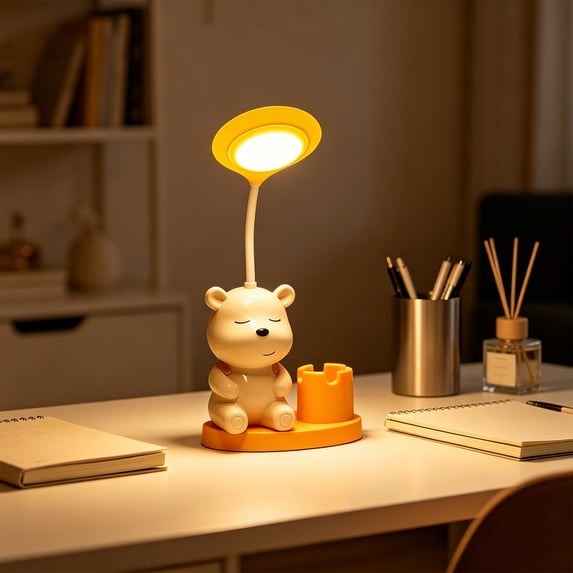 Eolstice Cute Bear Ornament Desk Lamp, Cartoon Night Light For Children, Rechargeable Eye Protection Study Reading Lamp With Pen Holder For Bedroom, Desktop