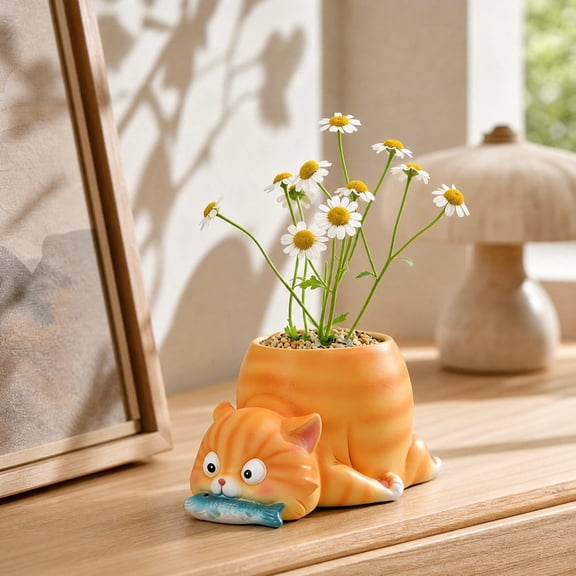 Eolstice Cute Orange Cat Planter, Resin Biting Fish Pot with Drainage, Desktop Home Office Decor Gift, Indoor Desk Plant Lovers