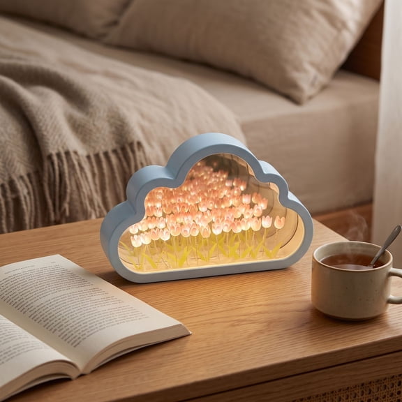 Eolstice DIY Tulip Cloud Mirror Lamp, Handmade Flower Night Light, White Desk Tabletop Decor, Cute Bedroom Ornament, Soft Ambient Table Light
