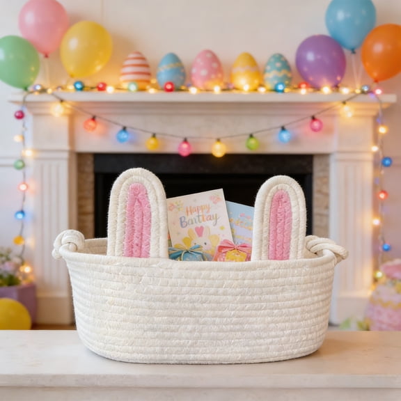 Eolstice Easter Bunny Ear Shaped Storage Basket, Cute Woven Storage Basket Organizer, Makeup Key Storage for Desktop Items, Snack Basket, Decorative Use