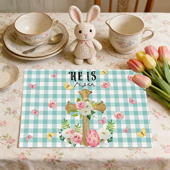 Eolstice Easter Placemat, Flower Rabbits Easter Egg Table Mat, Linen Printed Insulated Placemat for Dining Table Decoration, Party Setting, Spring Meal, Tableware(D)