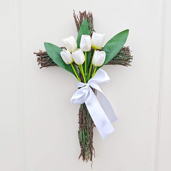 Eolstice Easter Wreath Artificial Tulips Wreath, Door Hanging Decor for Spring Summer Arrivals, Front Door Welcome, Wall Decor, Table Centerpiece, Home Decor(White)