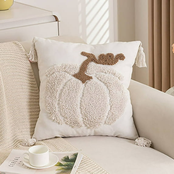 Eolstice Embroidered Pumpkin Canvas Cushion Cover, Decorative Throw Pillow Case for Sofas, Seasonal Living Room Accent Cover with Autumn Harvest Motif