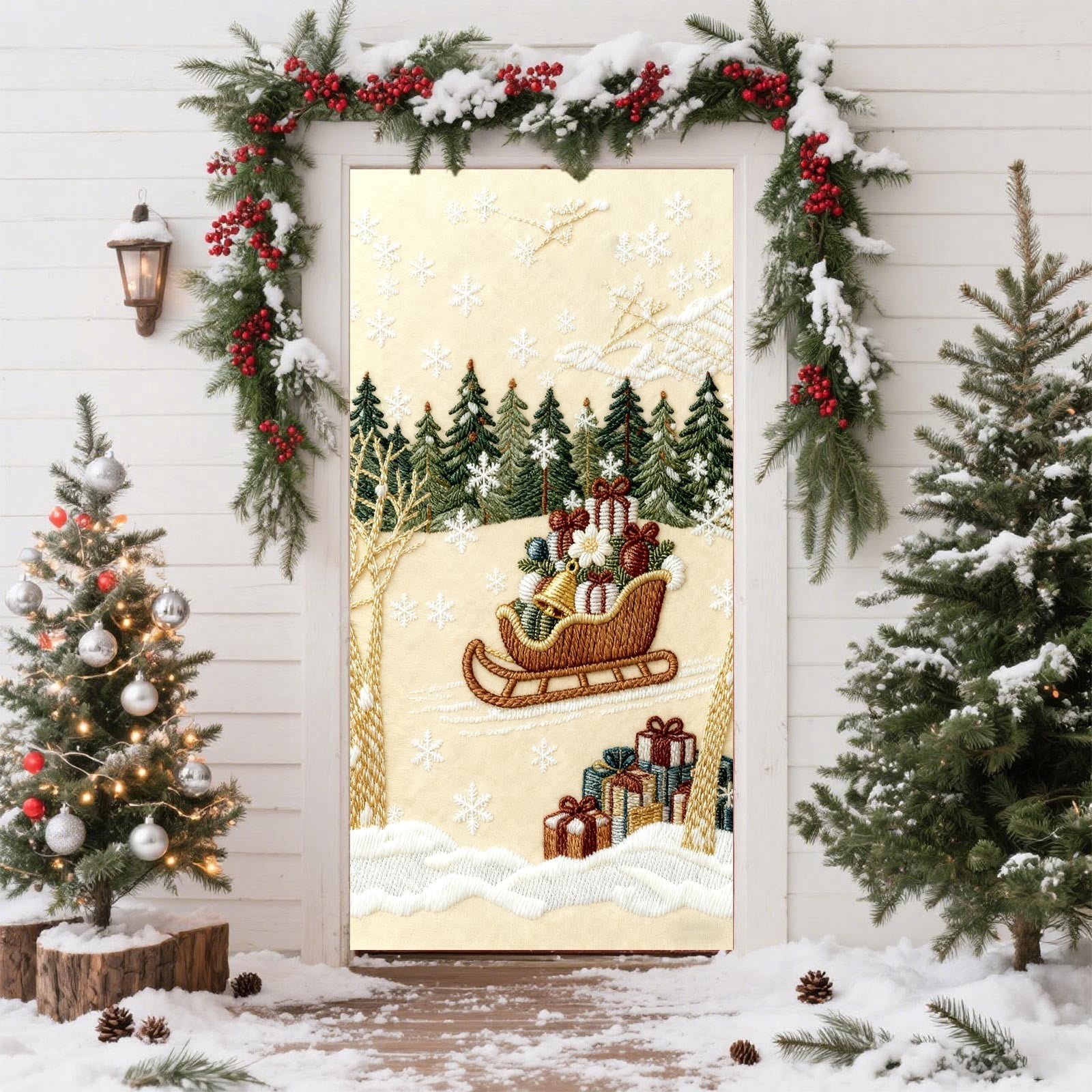Eolstice Embroidery Style Christmas Door Cover, Festival Party