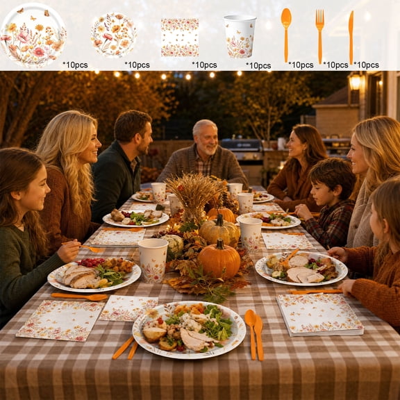 Eolstice Fall Floral Moth Disposable Tableware, 80 Pcs Paper Plates Cups Napkins Cutlery, Thanksgiving Party Supplies, Decorative Dinnerware, Autumn Harvest